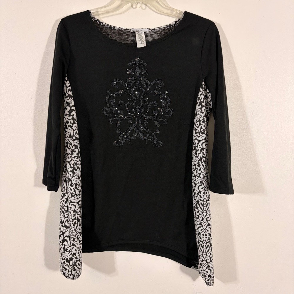 Bleeker & McDougal Tunic Top Womens PM Black Damask Beaded Sharkbite Blouse